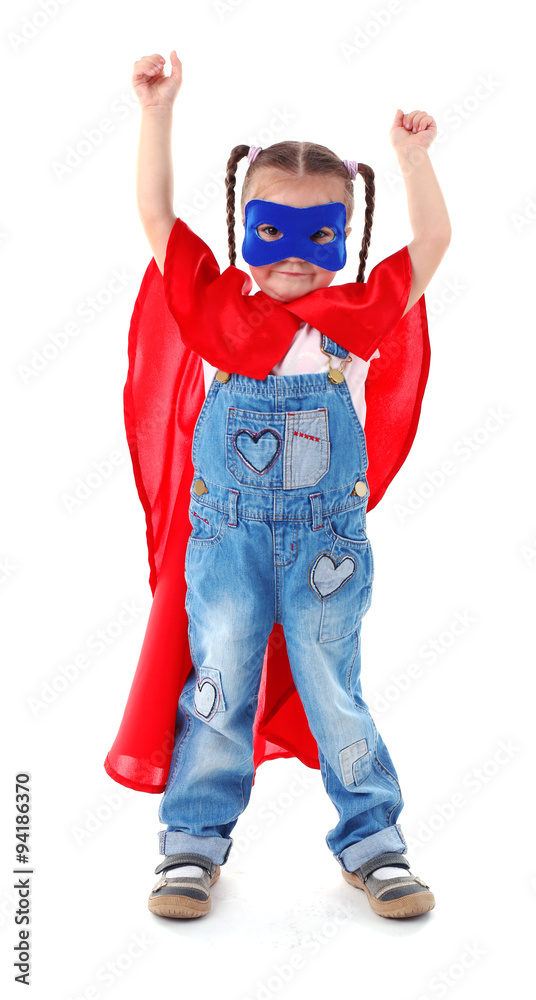 Cute little girl dressed as superhero isolated on white background