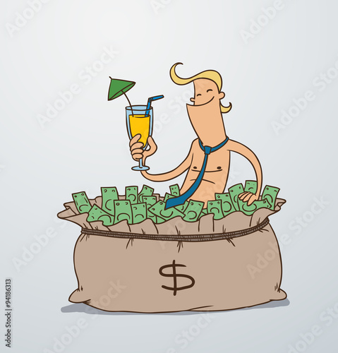 Vector man basks in a big bag of money. Cartoon image of a man blonde who  sits in a big bag full of money as in the bath with a cocktail in