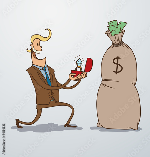 Vector man proposing marriage to a bag of money. Cartoon image of a man blonde in a brown suit with a ring in the hands of proposing marriage to big bag of money on a light background.