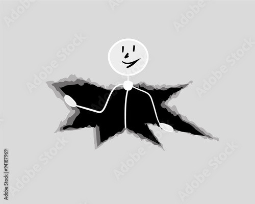 man looking from black hole in gray background