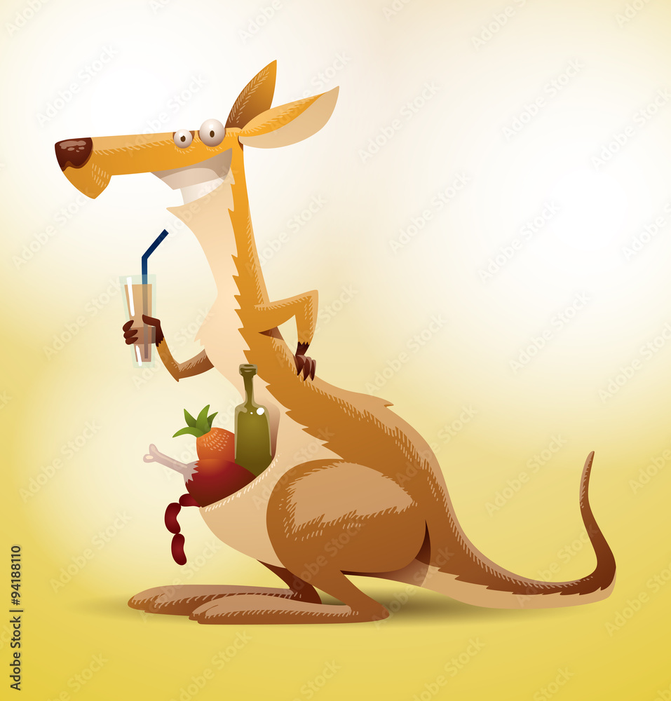 Vector funny kangaroo with a drink. Image of a funny cartoon kangaroo light  brown color with a drink in the paw and the products in their bag on a  yellow background. Stock