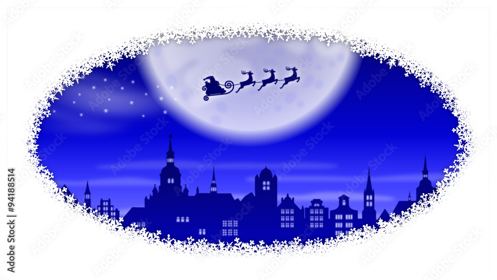 Rentierschlittenfahrt: Weihnachtsmann mit Rentierschlitten über nächtlicher Stadt vor großem Mond / dekorativer Schneeflockenrand / oval, rund / Textfreiraum, Copyspace / Vektor / blau, weiß
