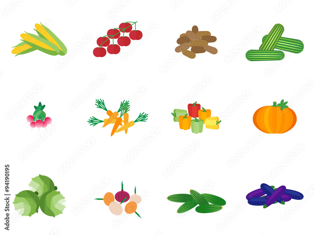 Set of isolated vegetables. Icons for web design. Vector flat illustration