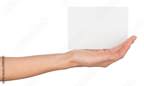 Womans hand with horizontal empty card