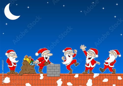 ein Team von Weihnachtsmännern grüßt vom Dach