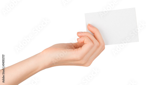Womans hand offering small empty card