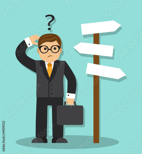 Vászonkép Cartoon businessman with briefcase standing and did not know which way to go