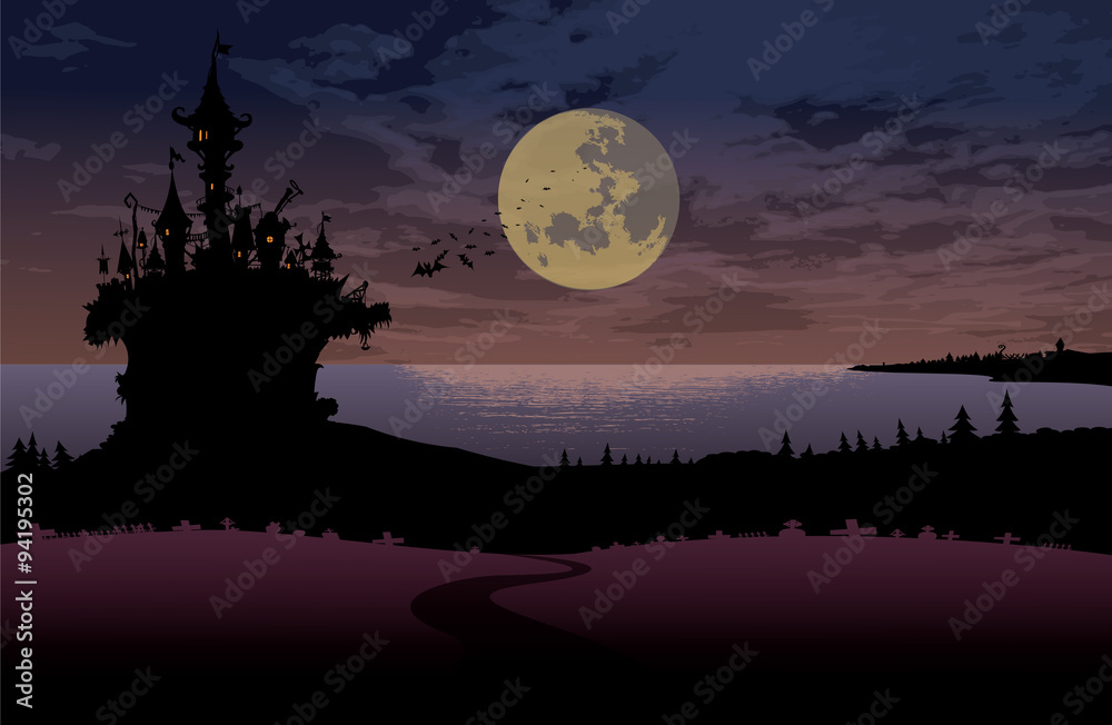 Halloween night scene landscape.Spooky castle on the lake shore under the full moon. Halloween card vector illustration