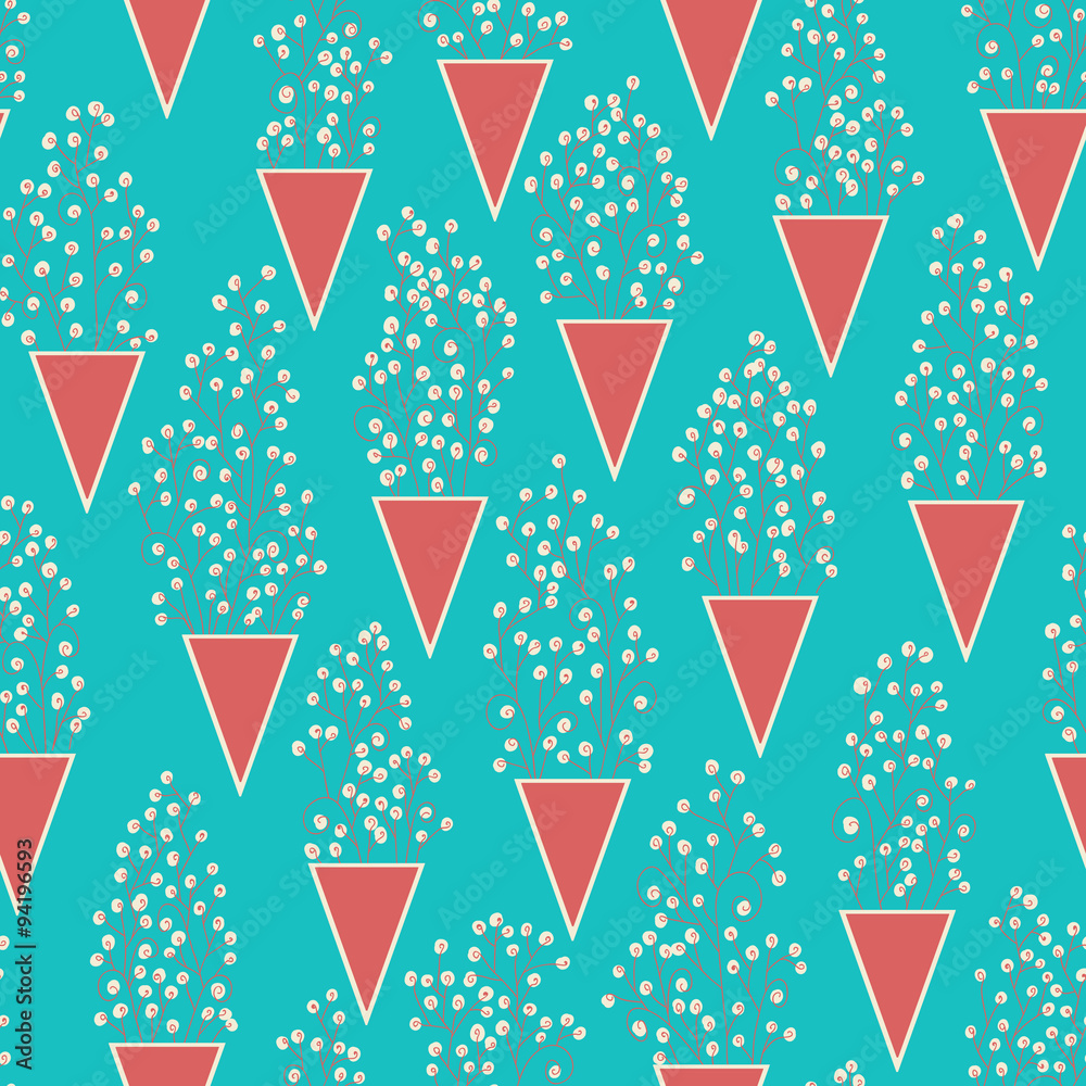 Obraz premium Cute seamless pattern with many small twigs abstract flowers and triangles vases.