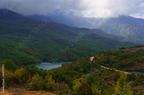 View of Autumn lake in beautiful Crimea valley