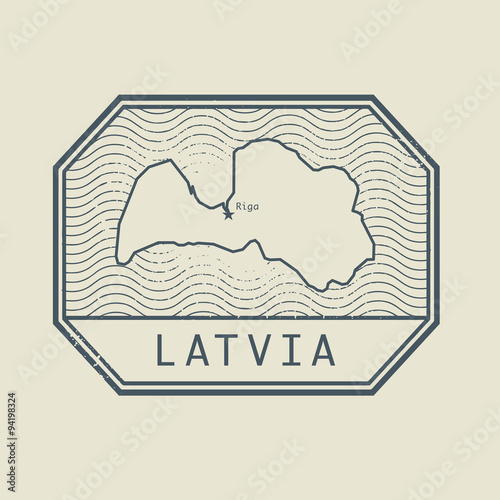 Stamp with the name and map of Latvia