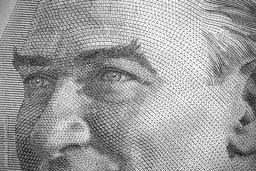 Close up to Mustafa Kemal Atatürk portrait on twenty liras bill