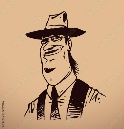 Vector gangster with a mustache and little beard. Image of a gangster with a mustache and little beard in a white shirt, black vest, tie and black hat on a beige background.