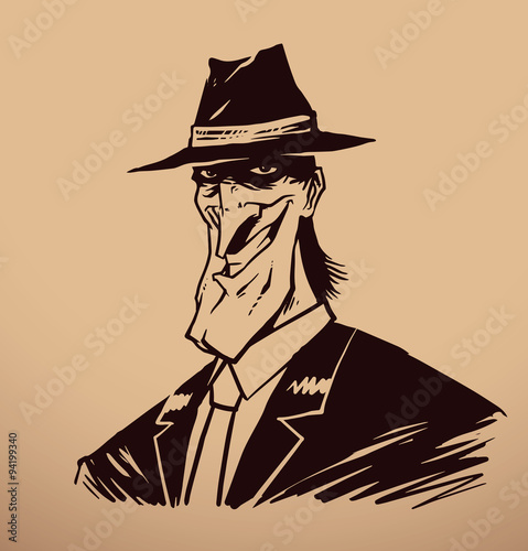 Vector young gangster. Image of a young gangster in black suit, tie and black hat on a beige background.