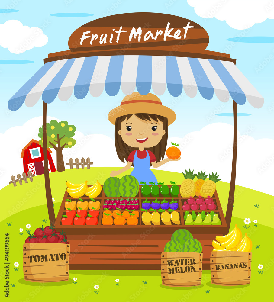 Fruit shop stall. farmers market, cartoon characters vector illustration  Stock Vector | Adobe Stock