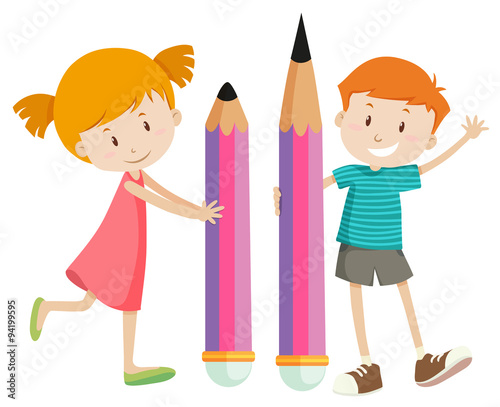 Boy and girl with giant pencils