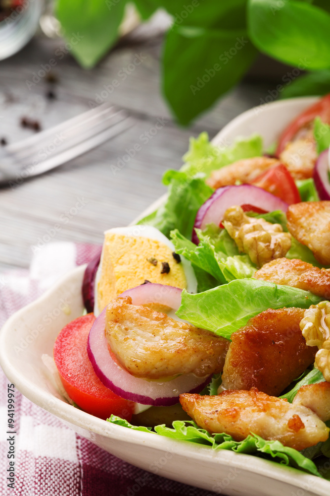 Delicious salad with chicken, nuts, egg and vegetables. Delicious salad with chicken, nuts, egg and vegetables.