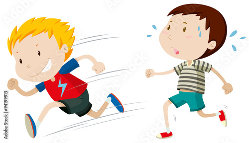 Two boys running fast and slow