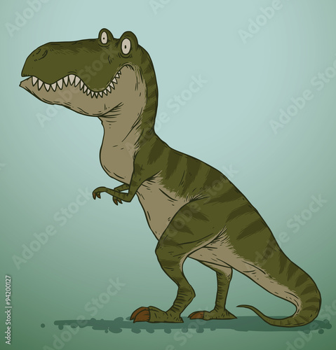 Vector green cute dinosaur. Cartoon image of a green cute dinosaur on a blue background. Looks like a tyrannosaur.