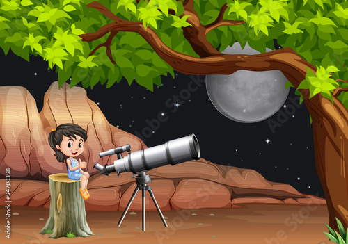 Girl looking at stars and moon through telescope
