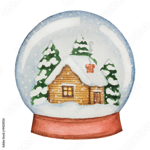 Watercolor glass ball with a house and pine trees.