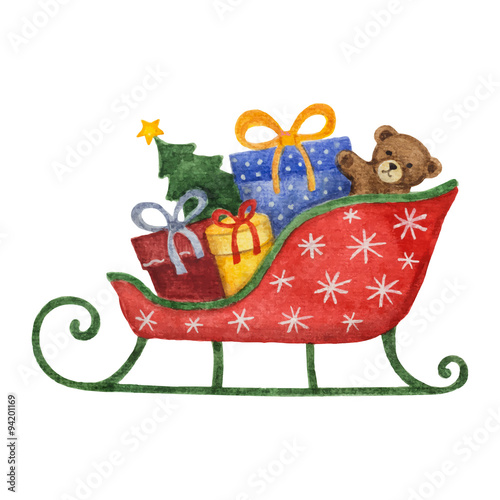 Watercolor sleigh with presents, Christmas tree and  Teddy bear.