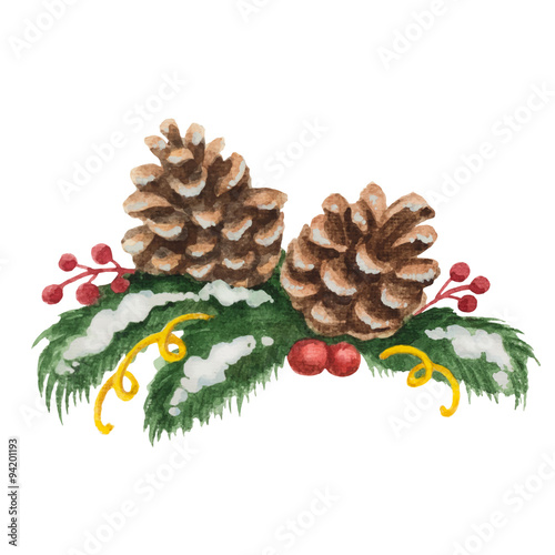 Watercolor Christmas illustration of fir tree branches
