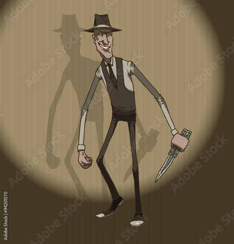 Vector mafiosi with a knife. Image of mobsters dressed in a white shirt, dark gray vest and a hat with a knife in his hand against the ball of light on a dark background. photo