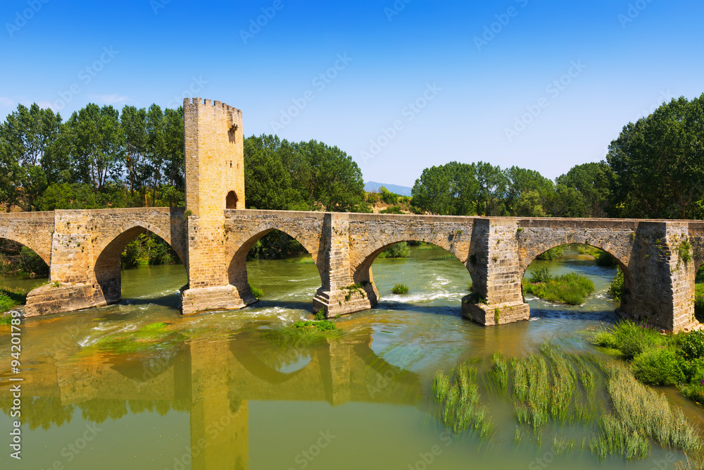 View of old stone bridge over Ebro. Frias