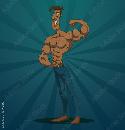 Vector funny macho man shows muscles. Cartoon image of funny macho man with black hair in blue trousers and brown boots shows muscles on a blue background.