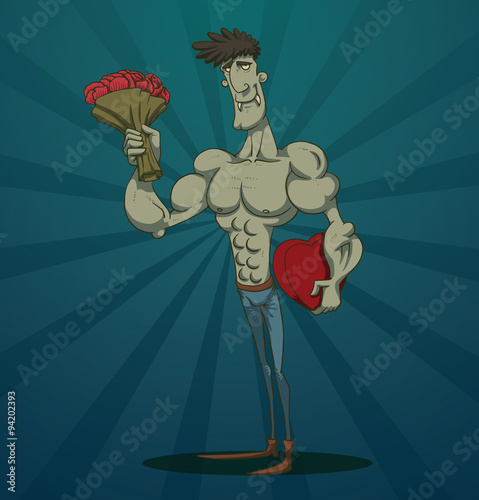 Vector cartoon image of macho man black-haired vampire with fangs in blue trousers and brown boots with a bouquet of flowers and a box of chocolates in his hands on a blue background.
