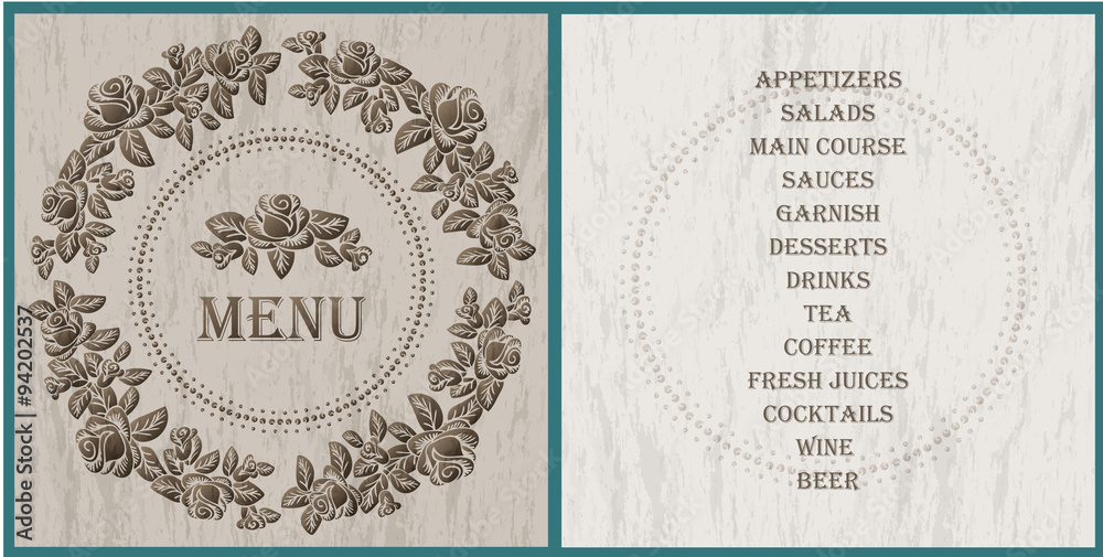 wood style decorated menu template - brown roses vignette on the light gray wood texture background