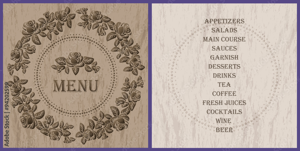wood style decorated menu template - brown roses vignette on the light wood texture background