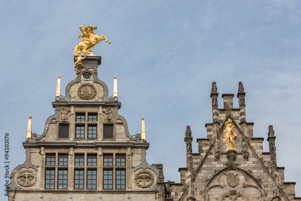 Medieval houses with roof ornaments in Antwerp, Belgium