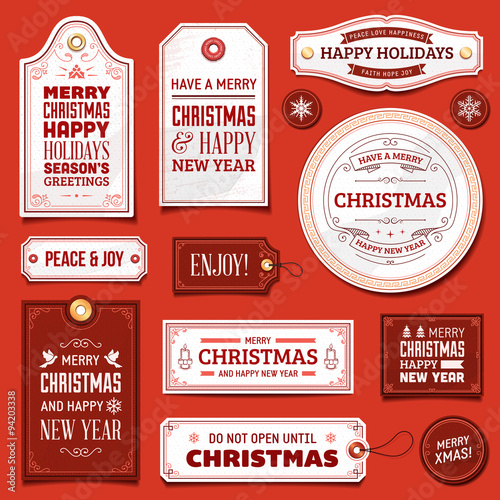 White and Red Vector Christmas Labels
