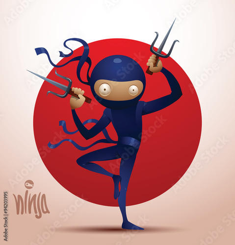 Vector image of ninja warrior in the traditional dark blue suit which stands with daggers sai on the background of the red circle on a light background, symbolizing the flag of Japan.