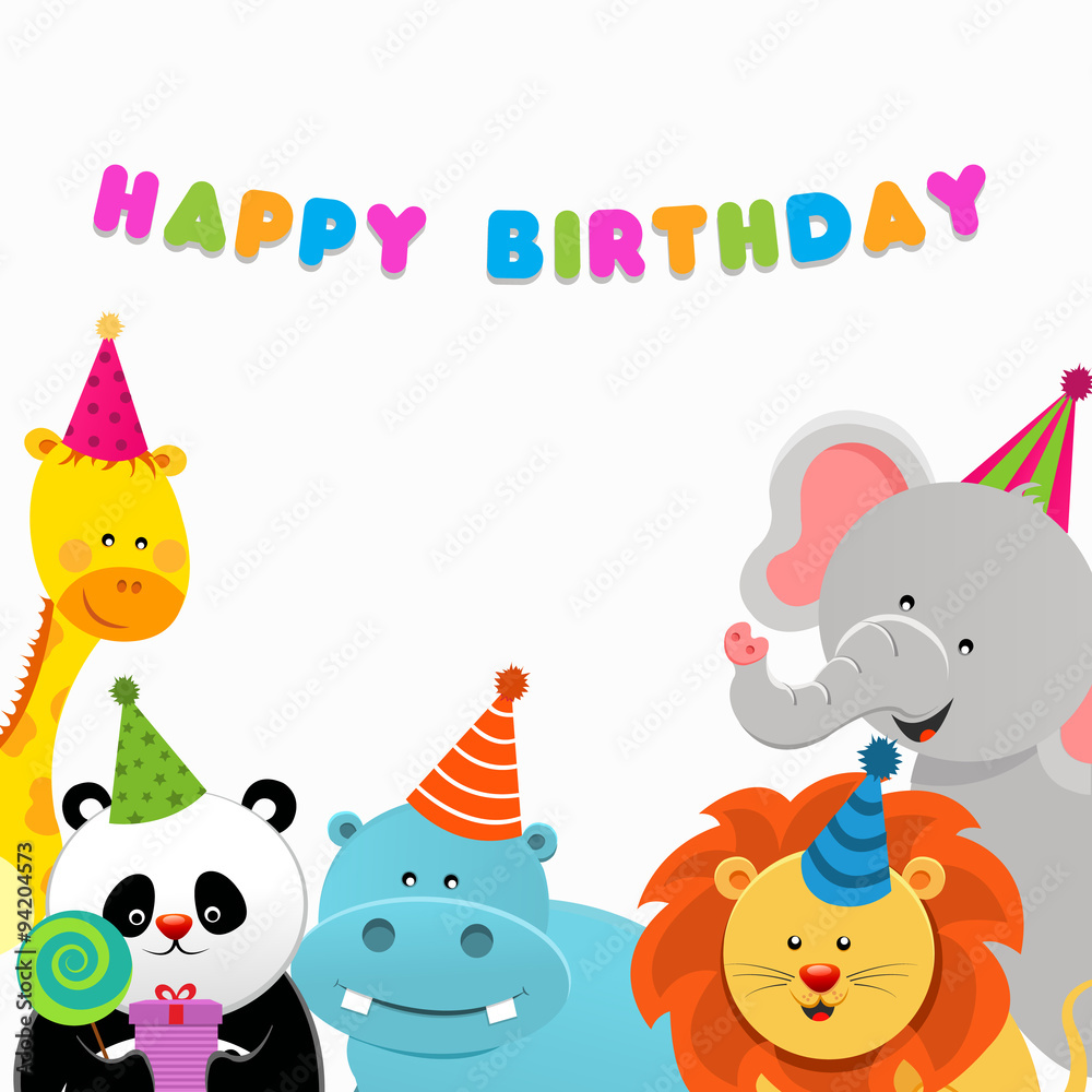 Happy Birthday Animals Card - obrazy, fototapety, plakaty 