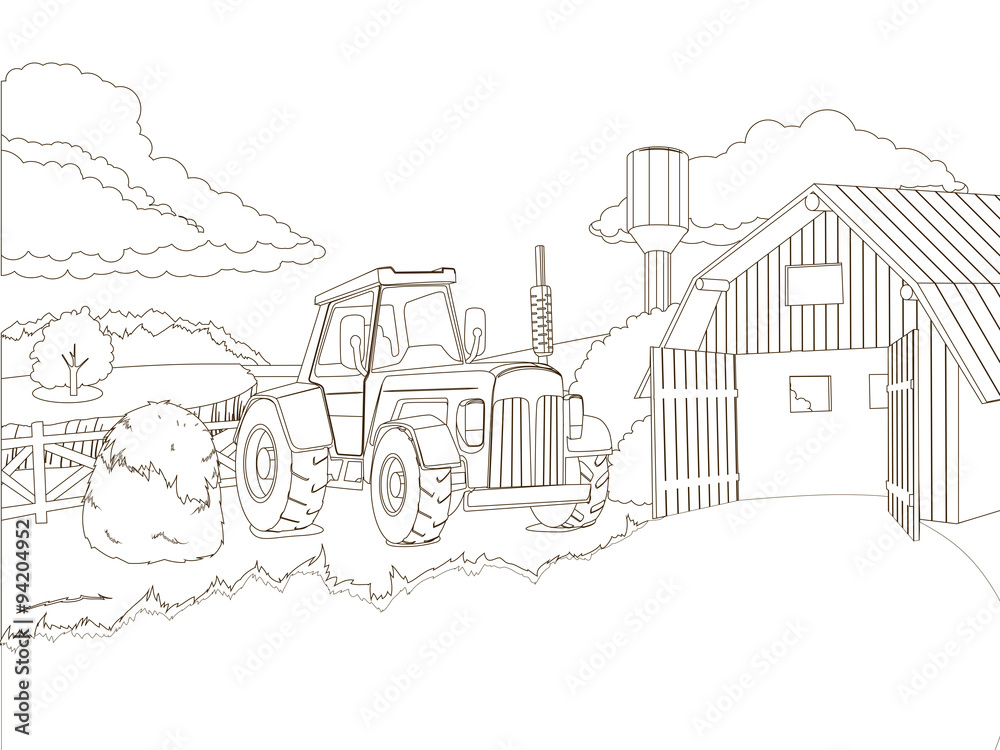 Tractor on the farm coloring book vector