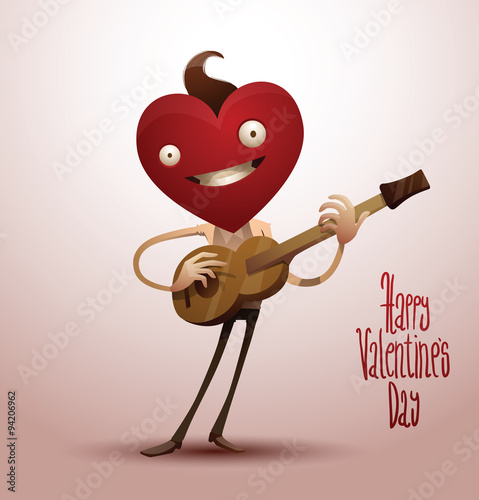 Vector Abstract cartoon image of a smiling boy Valentine's in the form man with a red heart symbol instead of a head with a guitar on a pink background. In the theme of Valentine's Day.  photo