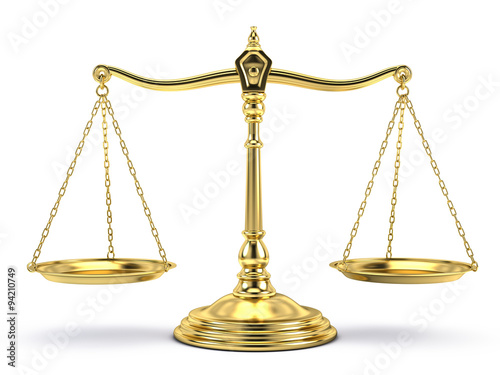 Justice, law, decisions concept - Balanced gold scale isolated on white