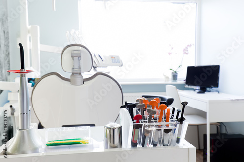 Equipment and dental instruments in dentist's office. Interior