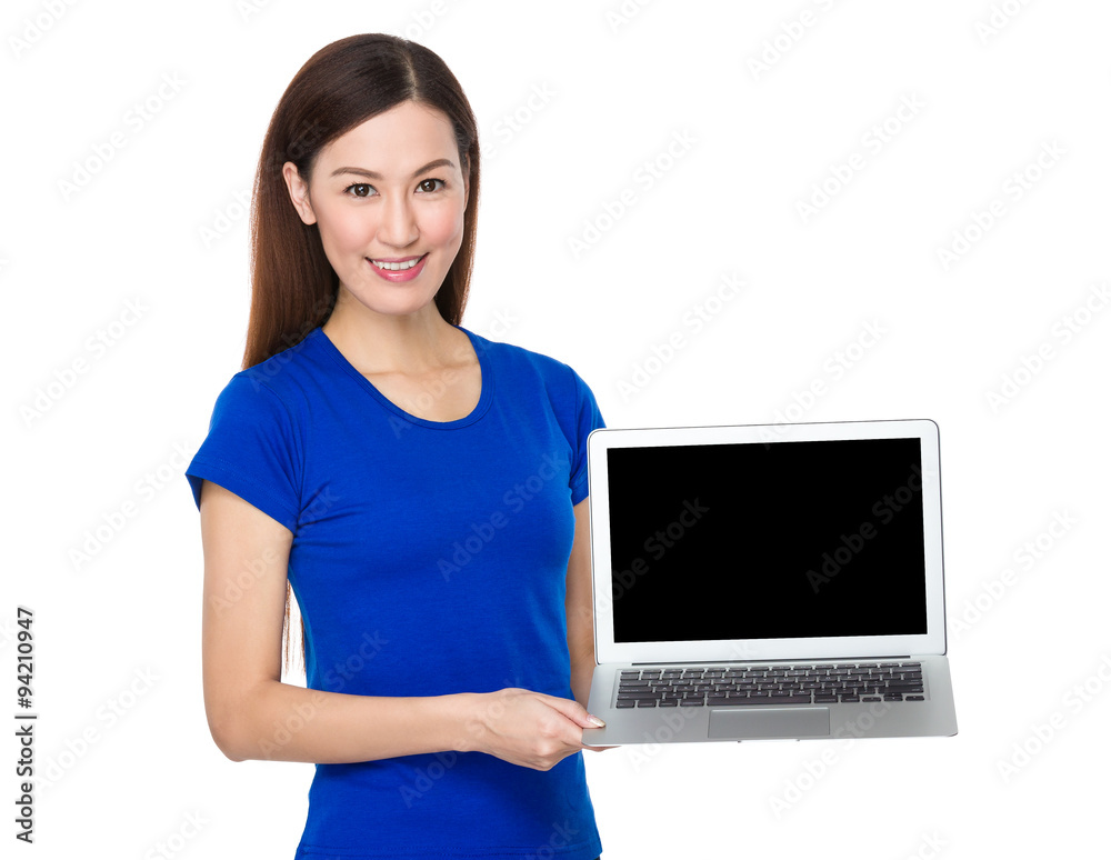 Asian Woman show with blank screen of laptop computer Asian Woman show with blank screen of laptop computer