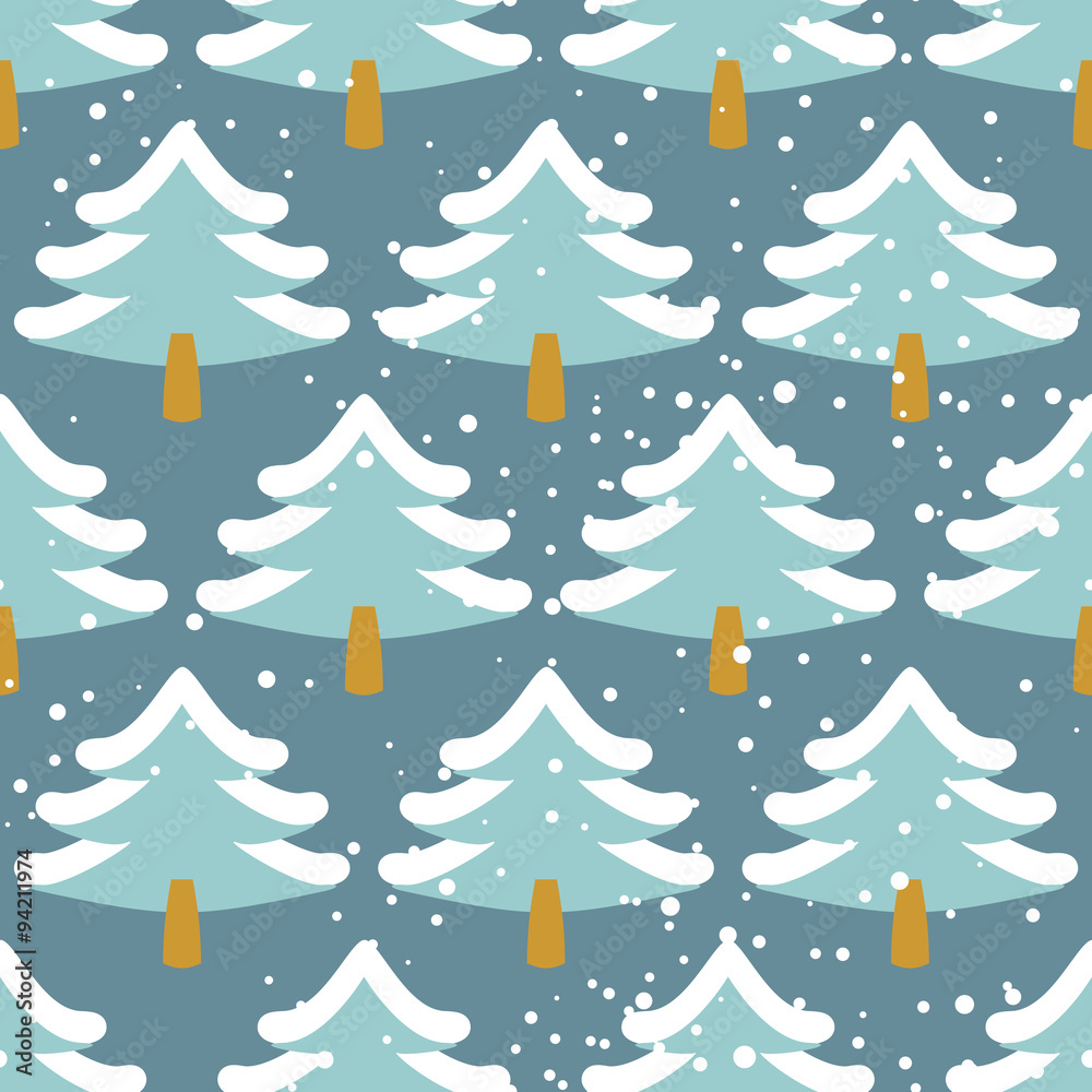 Winter forest seamless pattern. Christmas tree in snow. Texture