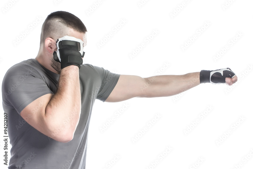 Man exercising  boxing in silhouette studio  on white background