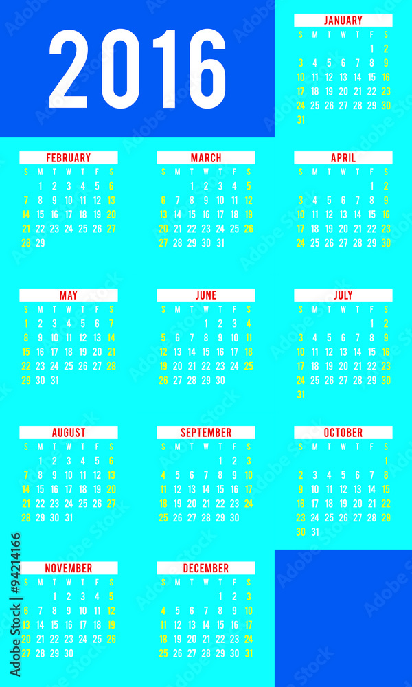 Calendar for 2016 on White Background. Week Starts Sunday
Calendar for 2016 on White Background. Week Starts Sunday