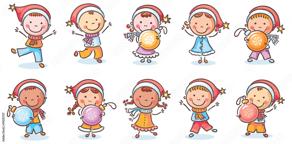 Set of happy cartoon kids in Santa hats and with Christmas ornaments Set of happy cartoon kids in Santa hats and with Christmas ornaments