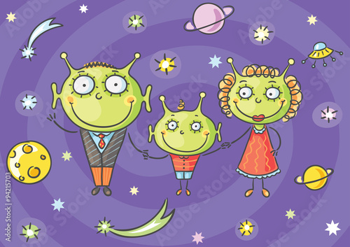 Cartoon alien family with a little son on space background