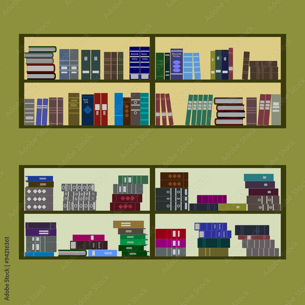 Bookshelves with a lot of books. Stacks of books of different colors, sizes and shapes isolated on a green background. The symbol of library, bookstore, education, science. Flat design style. Vector Bookshelves with a lot of books. Stacks of books of different colors, sizes and shapes isolated on a green background. The symbol of library, bookstore, education, science. Flat design style. Vector