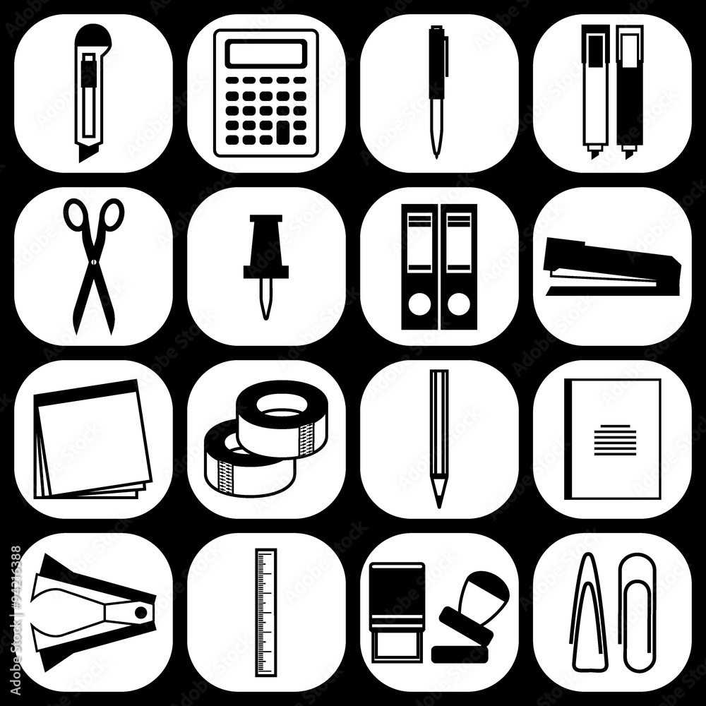 Stationery icons. Set of stationery supplies icons isolated on white  background. For internet shopping, school and office. Black and white  color. Modern flat design. Stock Vector illustration Stock Vector | Adobe  Stock