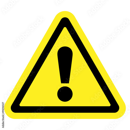 Hazard warning attention sign. Icon in a yellow triangle with exclamation mark symbol, isolated on a white background. Traffic symbol. Stock vector illustration